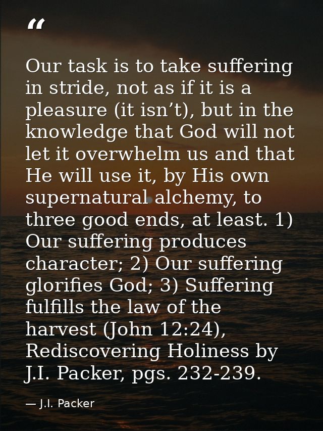 Our task is to take suffering in stride, not as if it is a pleasure (it isn’t), but in the knowledge that God will not l — J.I. Packer