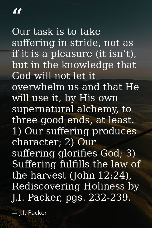 Our task is to take suffering in stride, not as if it is a pleasure (it isn’t), but in the knowledge that God will not l — J.I. Packer