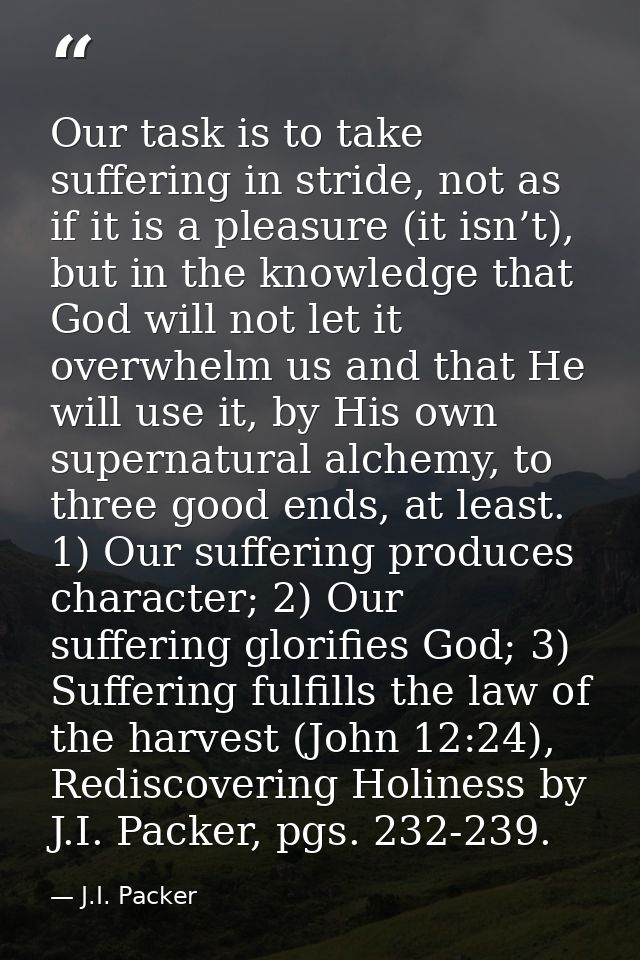 Our task is to take suffering in stride, not as if it is a pleasure (it isn’t), but in the knowledge that God will not l — J.I. Packer