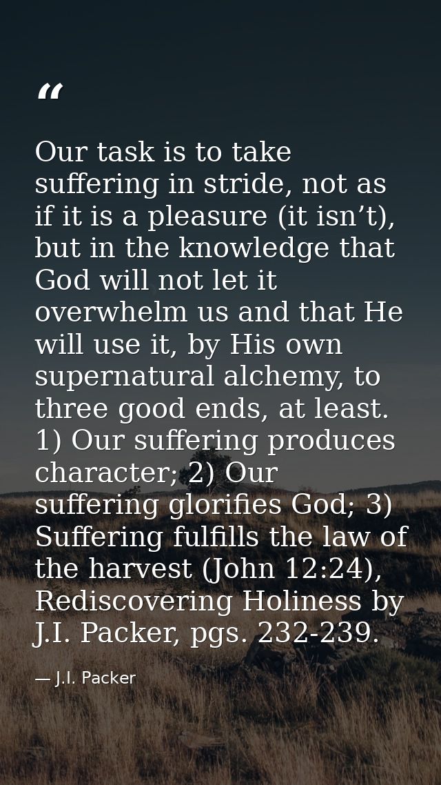 Our task is to take suffering in stride, not as if it is a pleasure (it isn’t), but in the knowledge that God will not l — J.I. Packer