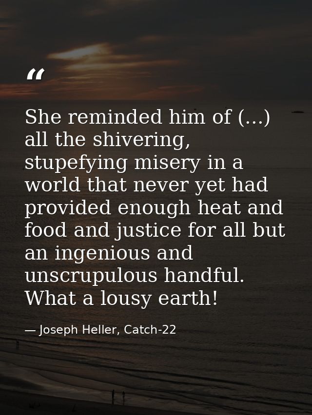 She reminded him of (...) all the shivering, stupefying misery in a world that never yet had provided enough heat and fo — Joseph Heller, Catch-22