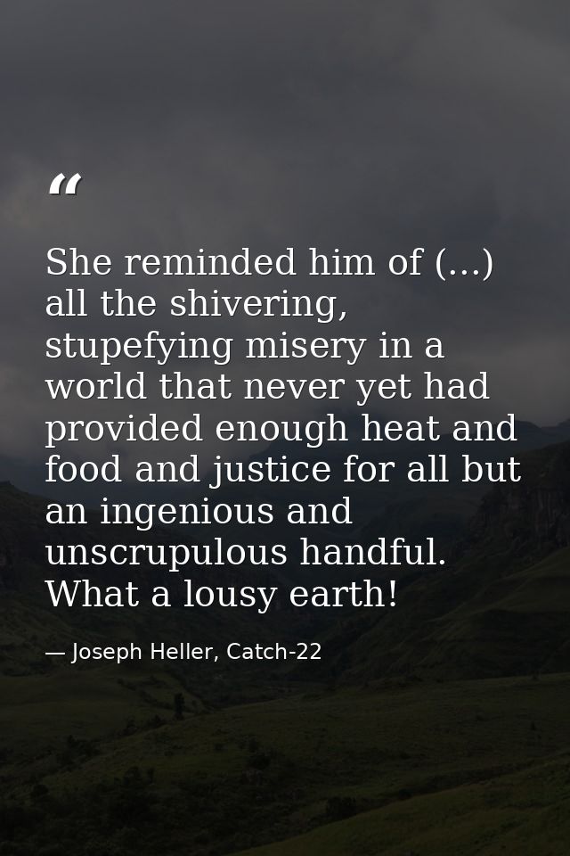 She reminded him of (...) all the shivering, stupefying misery in a world that never yet had provided enough heat and fo — Joseph Heller, Catch-22