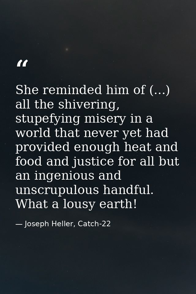 She reminded him of (...) all the shivering, stupefying misery in a world that never yet had provided enough heat and fo — Joseph Heller, Catch-22