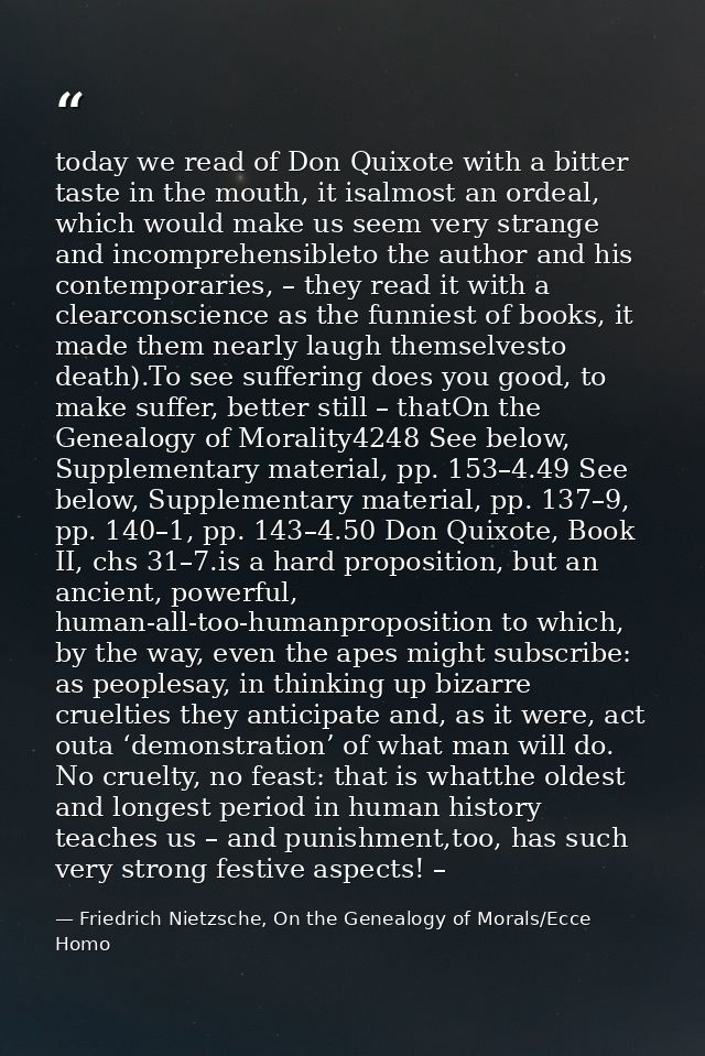 today we read of Don Quixote with a bitter taste in the mouth, it isalmost an ordeal, which would make us seem very stra — Friedrich Nietzsche, On the Genealogy of Morals/Ecce Homo