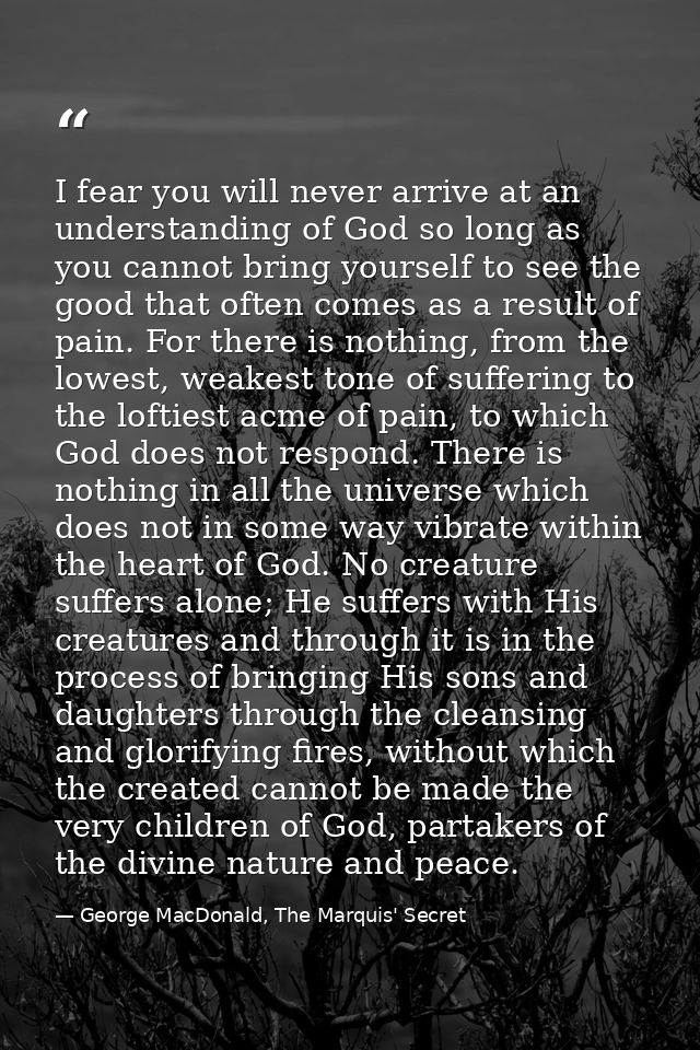 I fear you will never arrive at an understanding of God so long as you cannot bring yourself to see the good that often  — George MacDonald, The Marquis' Secret
