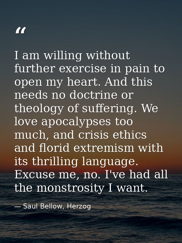 I am willing without further exercise in pain to open my heart. And this needs no doctrine or theology of suffering. We  — Saul Bellow, Herzog