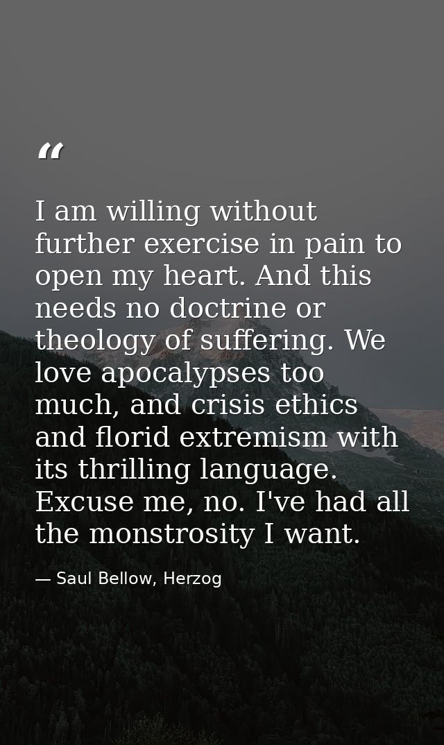 I am willing without further exercise in pain to open my heart. And this needs no doctrine or theology of suffering. We  — Saul Bellow, Herzog