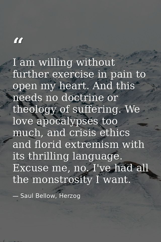I am willing without further exercise in pain to open my heart. And this needs no doctrine or theology of suffering. We  — Saul Bellow, Herzog