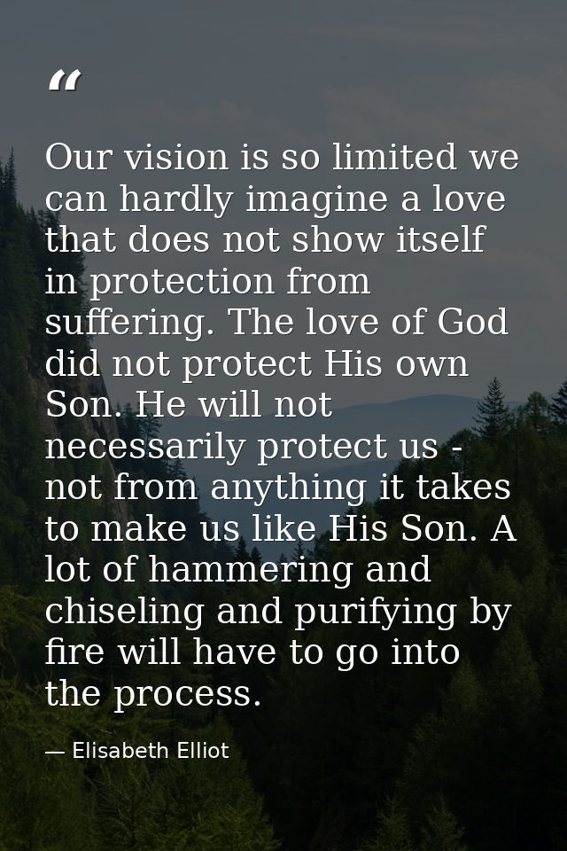 Our vision is so limited we can hardly imagine a love that does not show itself in protection from suffering. The love o — Elisabeth Elliot