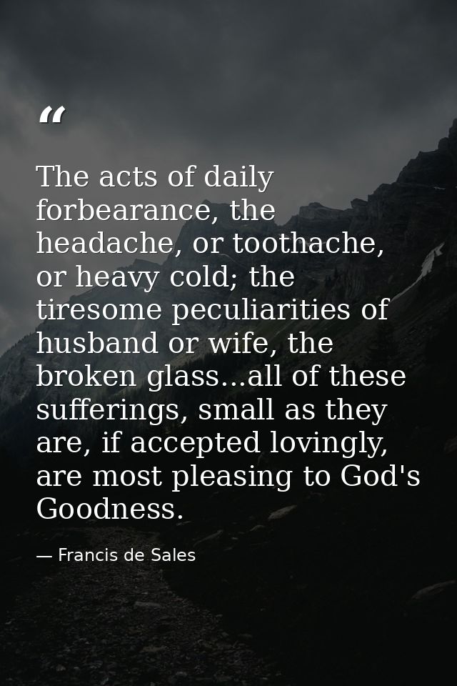 The acts of daily forbearance, the headache, or toothache, or heavy cold; the tiresome peculiarities of husband or wife, — Francis de Sales