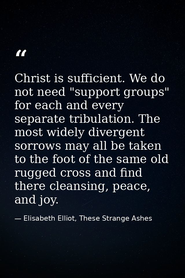 Christ is sufficient. We do not need "support groups" for each and every separate tribulation. The most widely divergent — Elisabeth Elliot, These Strange Ashes