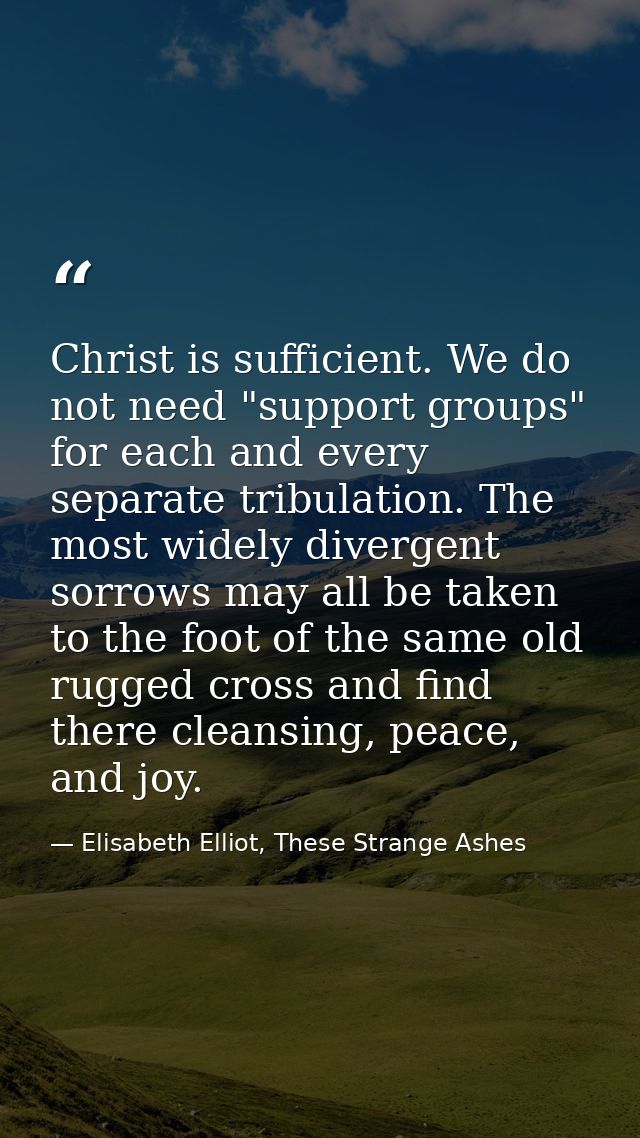 Christ is sufficient. We do not need "support groups" for each and every separate tribulation. The most widely divergent — Elisabeth Elliot, These Strange Ashes