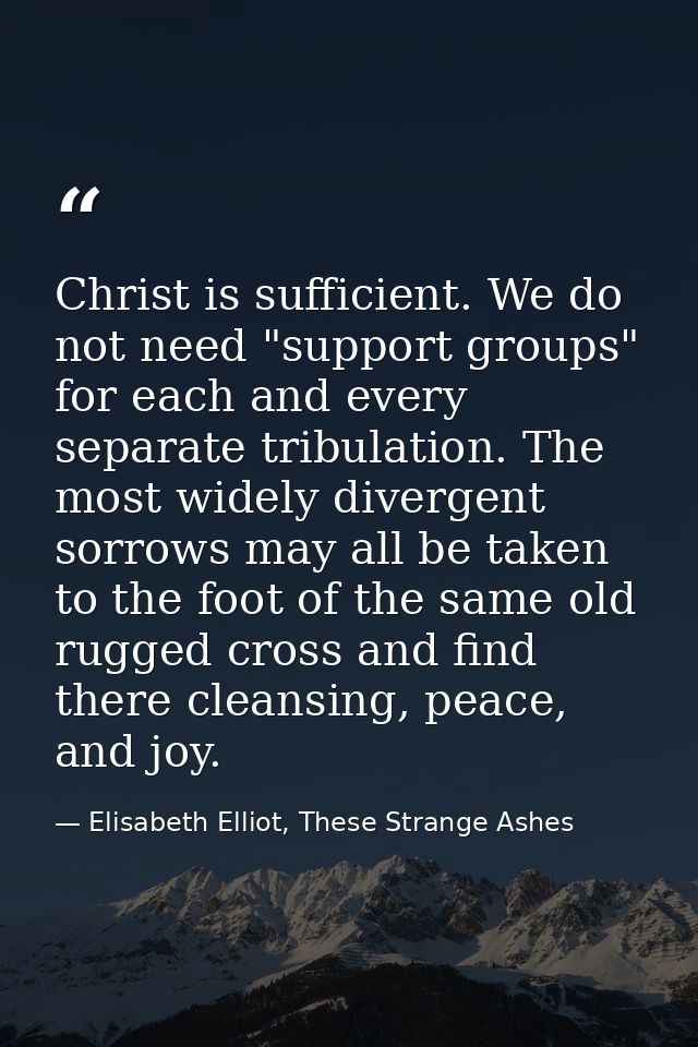 Christ is sufficient. We do not need "support groups" for each and every separate tribulation. The most widely divergent — Elisabeth Elliot, These Strange Ashes