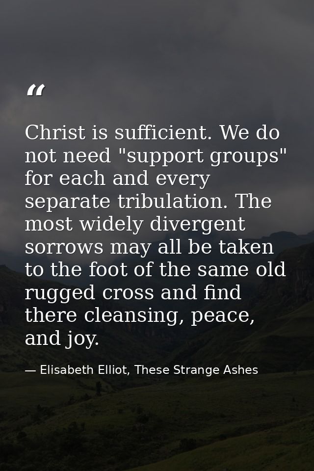 Christ is sufficient. We do not need "support groups" for each and every separate tribulation. The most widely divergent — Elisabeth Elliot, These Strange Ashes