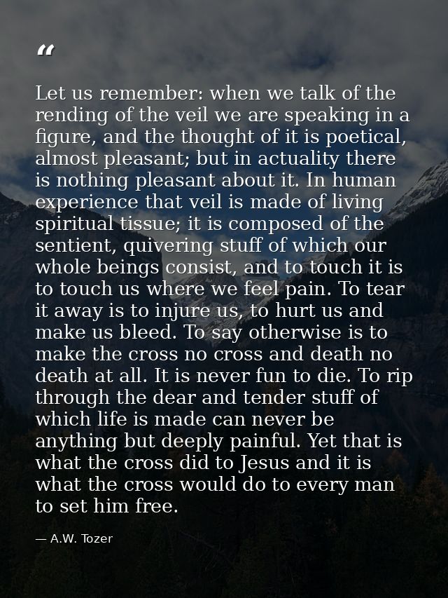 Let us remember: when we talk of the rending of the veil we are speaking in a figure, and the thought of it is poetical, — A.W. Tozer
