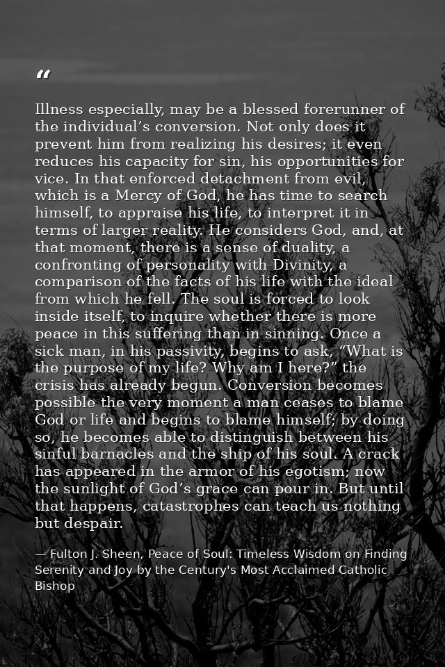 Illness especially, may be a blessed forerunner of the individual’s conversion. Not only does it prevent him from realiz — Fulton J. Sheen, Peace of Soul: Timeless Wisdom on Finding Serenity and Joy by the Century's Most Acclaimed Catholic Bishop