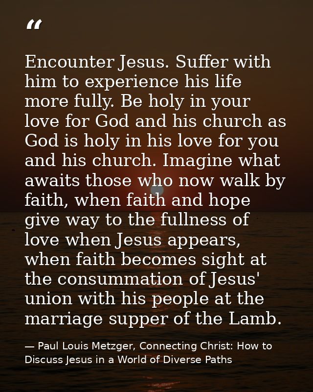 Encounter Jesus. Suffer with him to experience his life more fully. Be holy in your love for God and his church as God i — Paul Louis Metzger, Connecting Christ: How to Discuss Jesus in a World of Diverse Paths