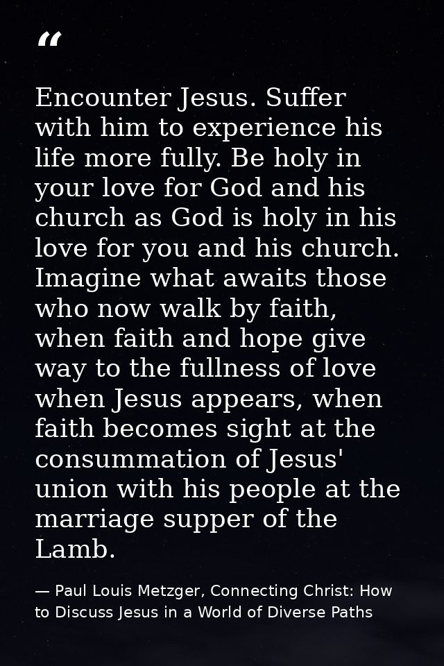 Encounter Jesus. Suffer with him to experience his life more fully. Be holy in your love for God and his church as God i — Paul Louis Metzger, Connecting Christ: How to Discuss Jesus in a World of Diverse Paths