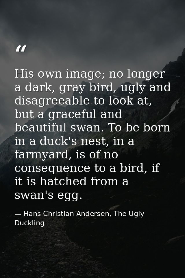 His own image; no longer a dark, gray bird, ugly and disagreeable to look at, but a graceful and beautiful swan. To be b — Hans Christian Andersen, The Ugly Duckling