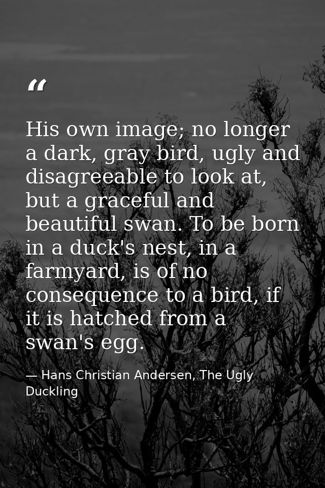 His own image; no longer a dark, gray bird, ugly and disagreeable to look at, but a graceful and beautiful swan. To be b — Hans Christian Andersen, The Ugly Duckling
