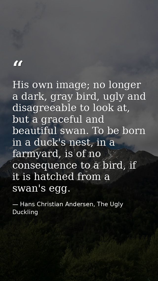 His own image; no longer a dark, gray bird, ugly and disagreeable to look at, but a graceful and beautiful swan. To be b — Hans Christian Andersen, The Ugly Duckling