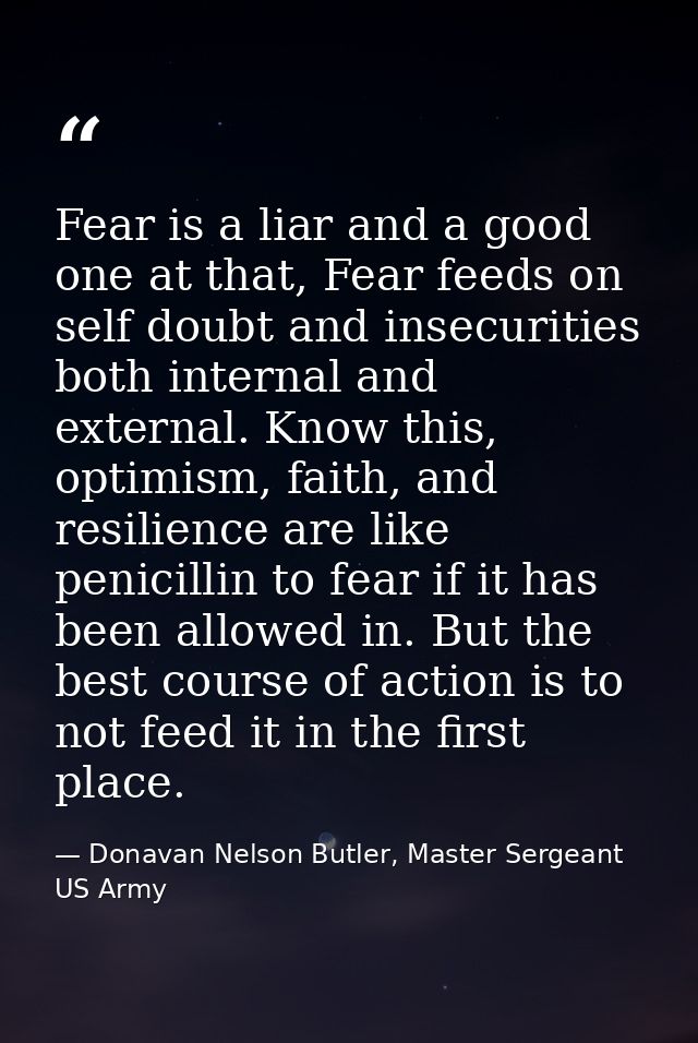 Fear is a liar and a good one at that, Fear feeds on self doubt and insecurities both internal and external. Know this,  — Donavan Nelson Butler, Master Sergeant US Army