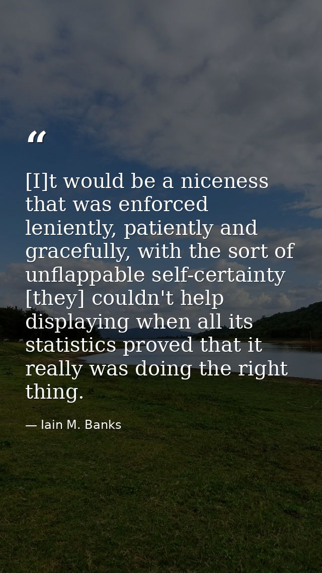 [I]t would be a niceness that was enforced leniently, patiently and gracefully, with the sort of unflappable self-certai — Iain M. Banks