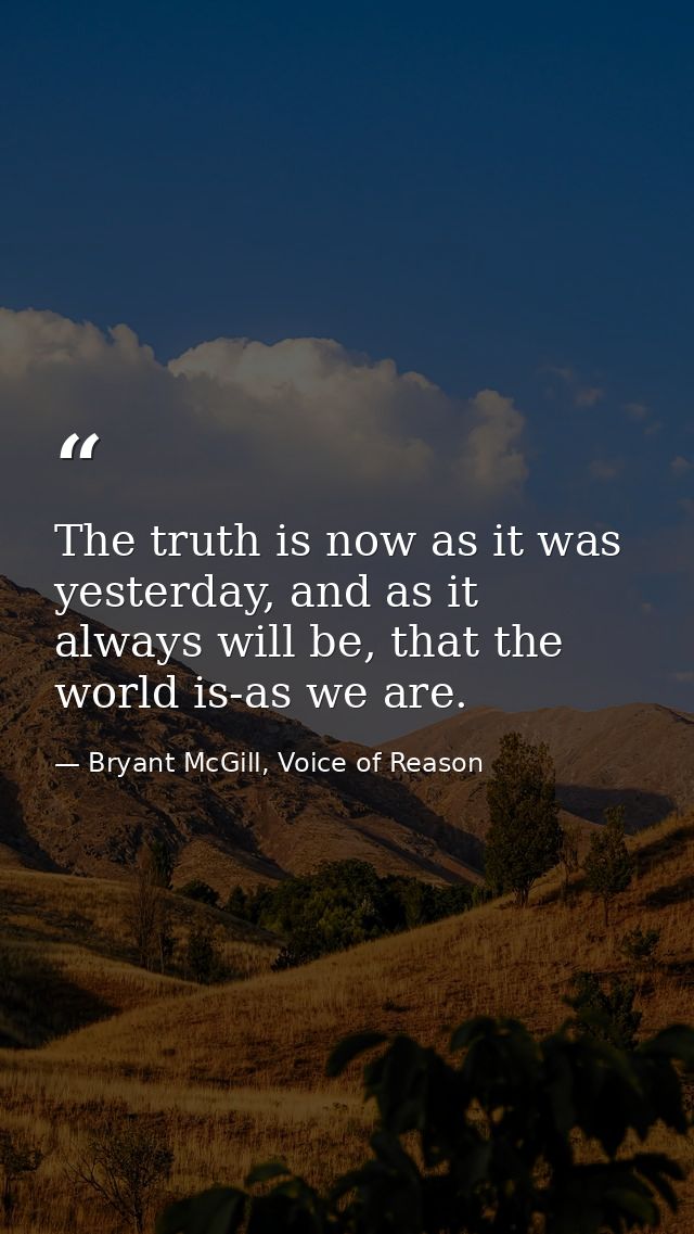 The truth is now as it was yesterday, and as it always will be, that the world is-as we are. — Bryant McGill, Voice of Reason
