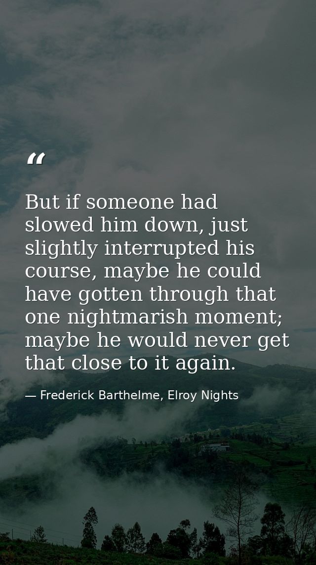 But if someone had slowed him down, just slightly interrupted his course, maybe he could have gotten through that one ni — Frederick Barthelme, Elroy Nights
