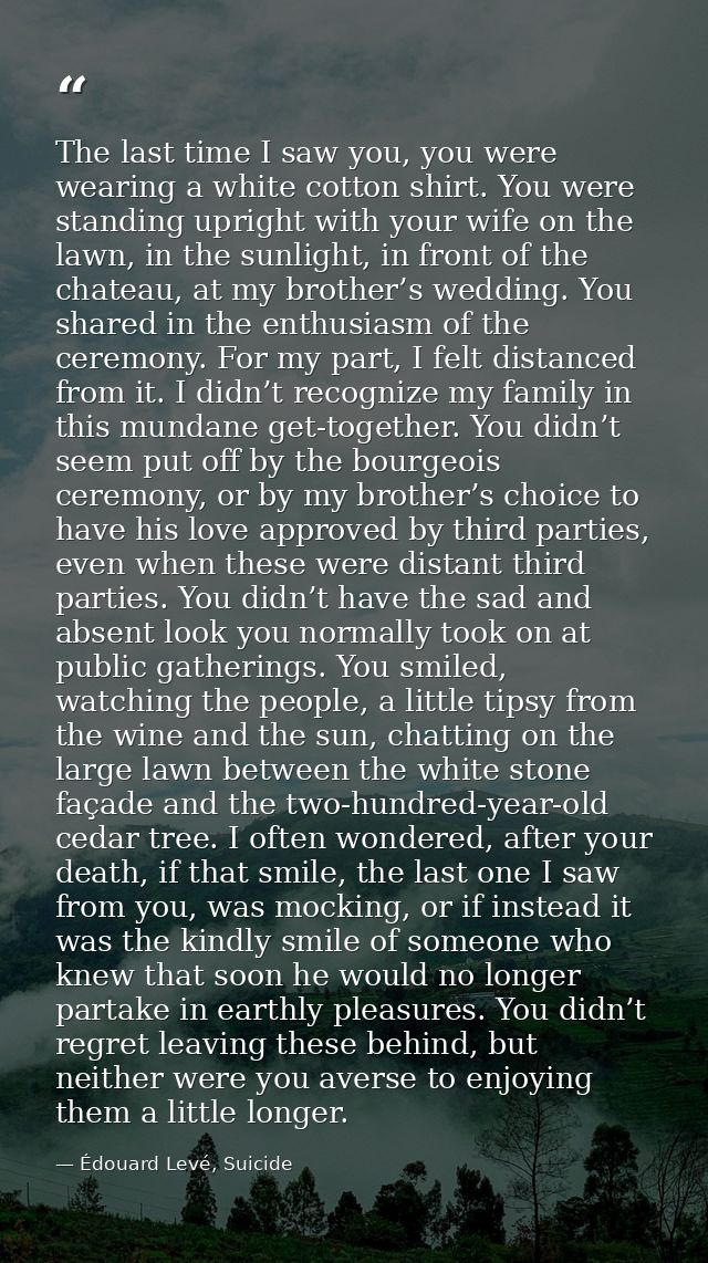 The last time I saw you, you were wearing a white cotton shirt. You were standing upright with your wife on the lawn, in — Édouard Levé, Suicide