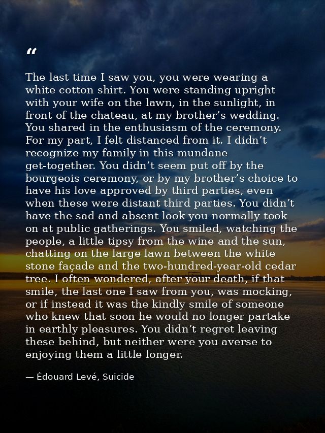 The last time I saw you, you were wearing a white cotton shirt. You were standing upright with your wife on the lawn, in — Édouard Levé, Suicide