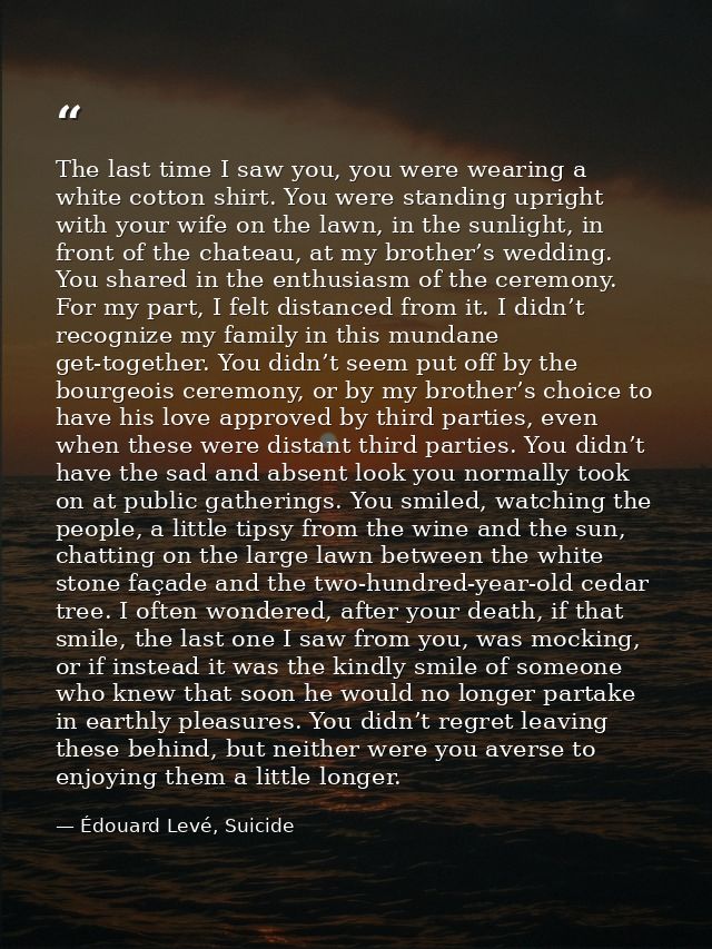 The last time I saw you, you were wearing a white cotton shirt. You were standing upright with your wife on the lawn, in — Édouard Levé, Suicide