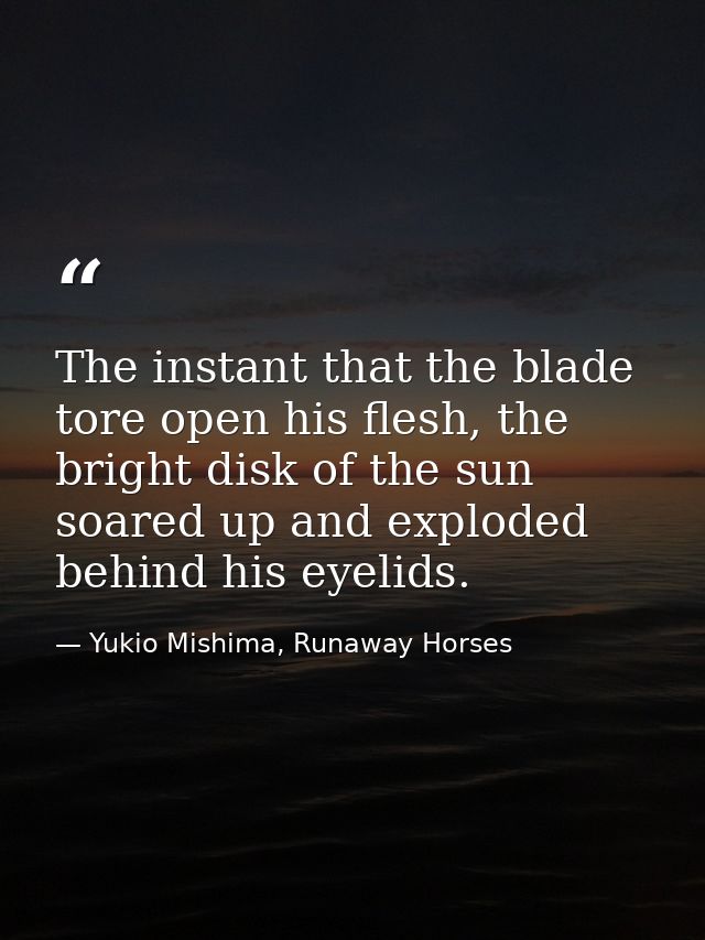 The instant that the blade tore open his flesh, the bright disk of the sun soared up and exploded behind his eyelids. — Yukio Mishima, Runaway Horses