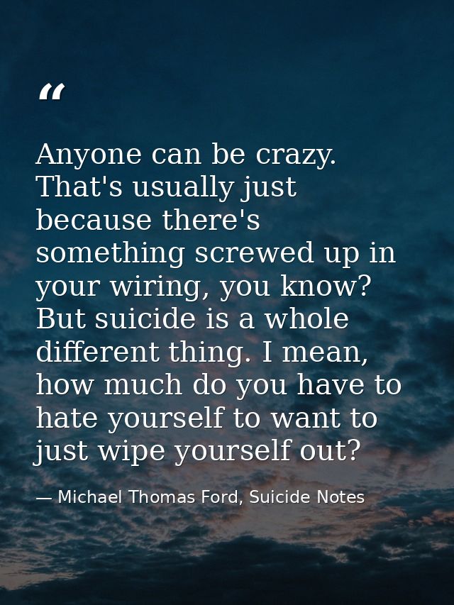 Anyone can be crazy. That's usually just because there's something screwed up in your wiring, you know? But suicide is a — Michael Thomas Ford, Suicide Notes