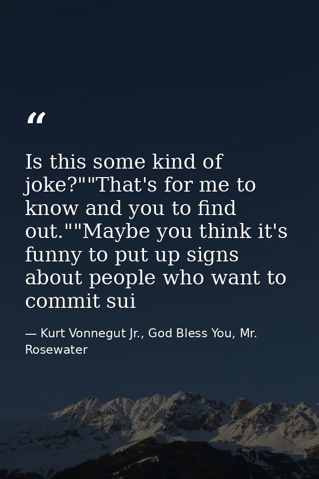 Is this some kind of joke?""That's for me to know and you to find out.""Maybe you think it's funny to put up signs about — Kurt Vonnegut Jr., God Bless You, Mr. Rosewater