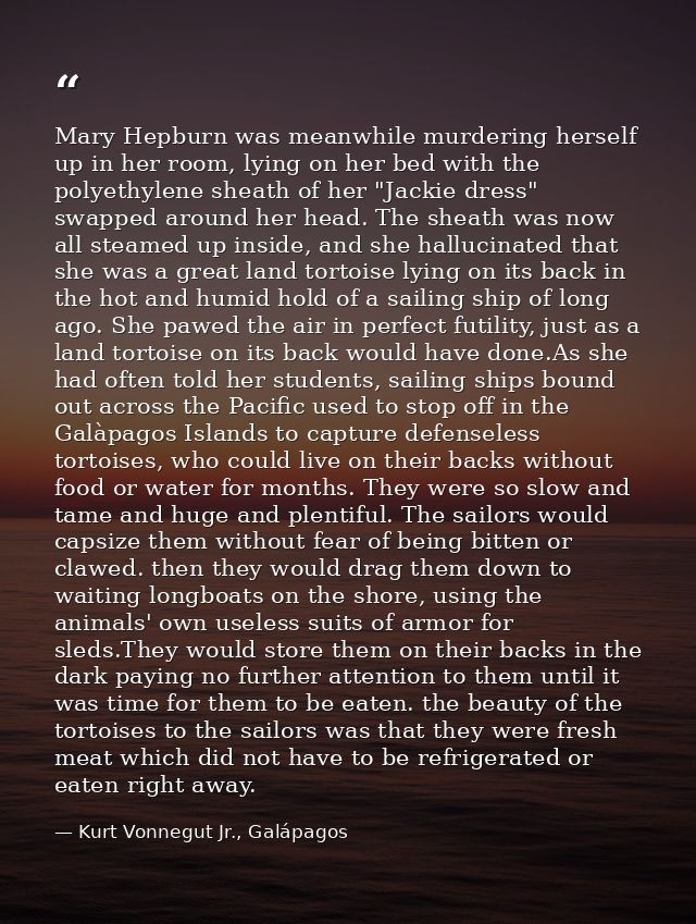 Mary Hepburn was meanwhile murdering herself up in her room, lying on her bed with the polyethylene sheath of her "Jacki — Kurt Vonnegut Jr., Galápagos