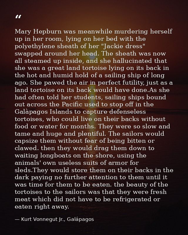 Mary Hepburn was meanwhile murdering herself up in her room, lying on her bed with the polyethylene sheath of her "Jacki — Kurt Vonnegut Jr., Galápagos