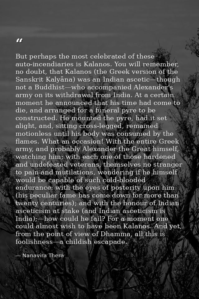 But perhaps the most celebrated of these auto-incendiaries is Kalanos. You will remember, no doubt, that Kalanos (the Gr — Nanavira Thera