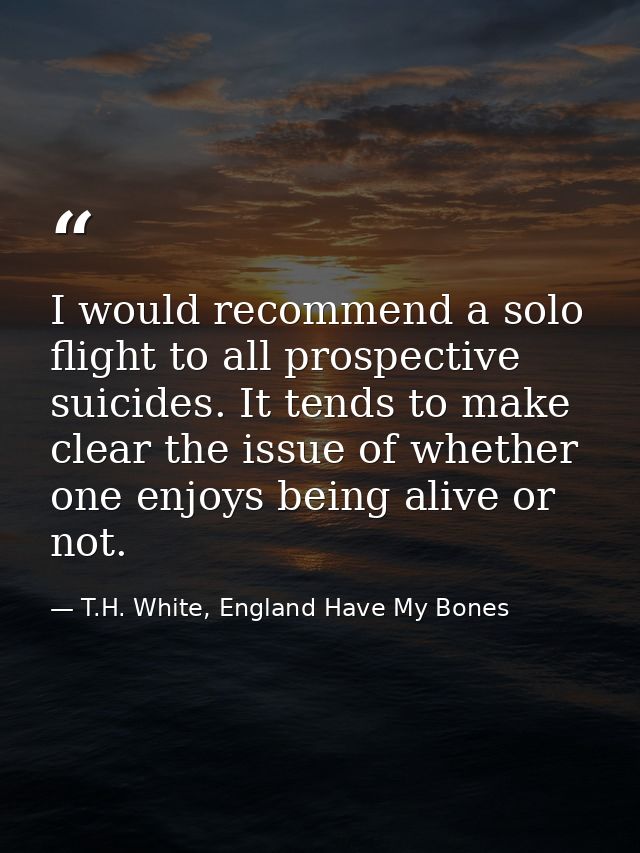I would recommend a solo flight to all prospective suicides. It tends to make clear the issue of whether one enjoys bein — T.H. White, England Have My Bones