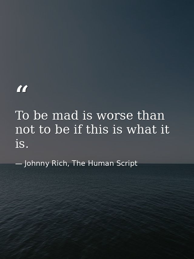 To be mad is worse than not to be if this is what it is. — Johnny Rich, The Human Script