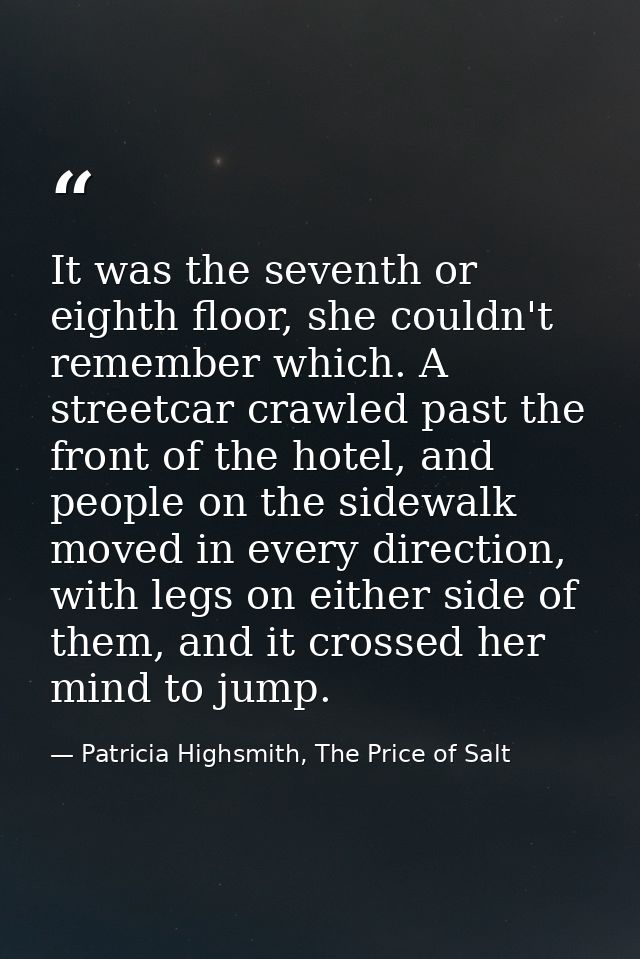 It was the seventh or eighth floor, she couldn't remember which. A streetcar crawled past the front of the hotel, and pe — Patricia Highsmith, The Price of Salt