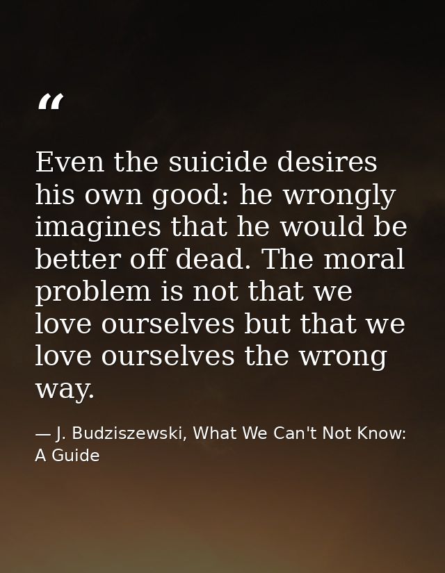 Even the suicide desires his own good: he wrongly imagines that he would be better off dead. The moral problem is not th — J. Budziszewski, What We Can't Not Know: A Guide