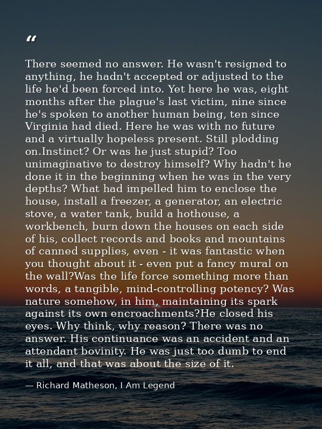 There seemed no answer. He wasn't resigned to anything, he hadn't accepted or adjusted to the life he'd been forced into — Richard Matheson, I Am Legend