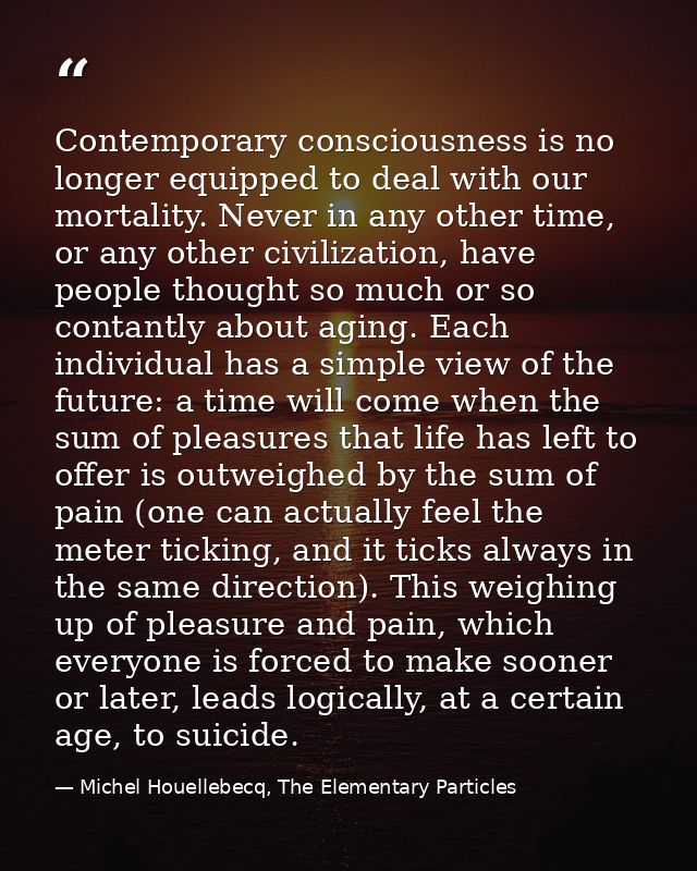 Contemporary consciousness is no longer equipped to deal with our mortality. Never in any other time, or any other civil — Michel Houellebecq, The Elementary Particles