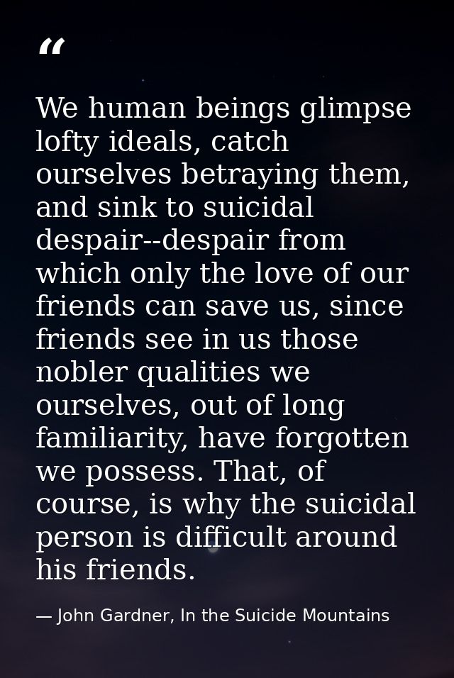 We human beings glimpse lofty ideals, catch ourselves betraying them, and sink to suicidal despair--despair from which o — John Gardner, In the Suicide Mountains