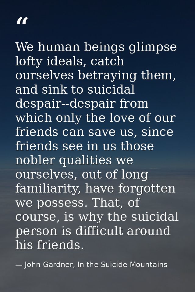 We human beings glimpse lofty ideals, catch ourselves betraying them, and sink to suicidal despair--despair from which o — John Gardner, In the Suicide Mountains