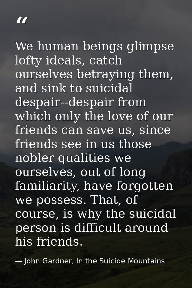 We human beings glimpse lofty ideals, catch ourselves betraying them, and sink to suicidal despair--despair from which o — John Gardner, In the Suicide Mountains