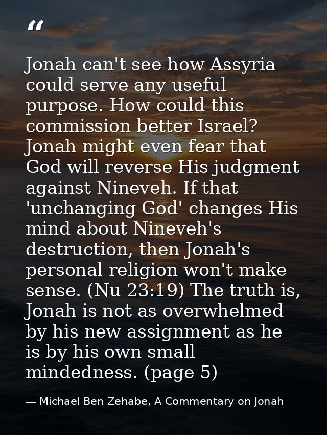 Jonah can't see how Assyria could serve any useful purpose. How could this commission better Israel? Jonah might even fe — Michael Ben Zehabe, A Commentary on Jonah
