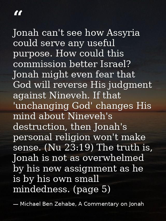 Jonah can't see how Assyria could serve any useful purpose. How could this commission better Israel? Jonah might even fe — Michael Ben Zehabe, A Commentary on Jonah