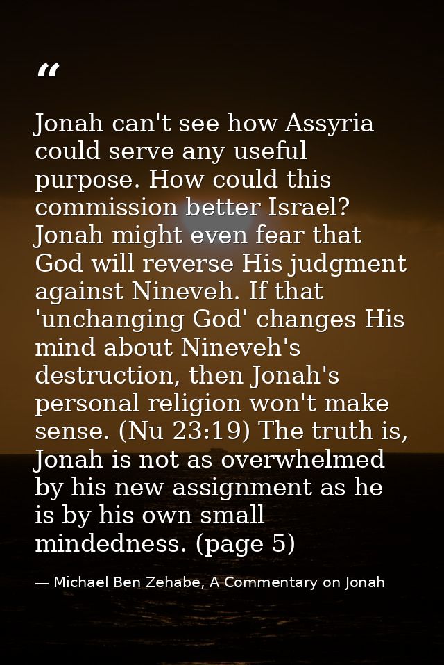 Jonah can't see how Assyria could serve any useful purpose. How could this commission better Israel? Jonah might even fe — Michael Ben Zehabe, A Commentary on Jonah